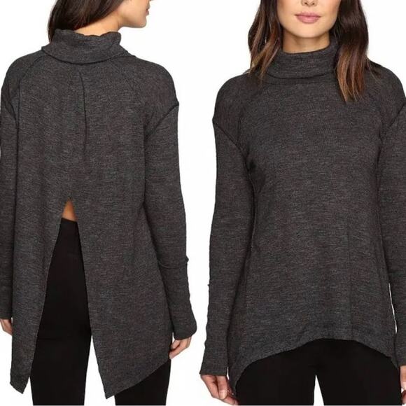 We The Free Free people Charcoal gray split back wide cuff Turtleneck Sweater - Picture 1 of 8